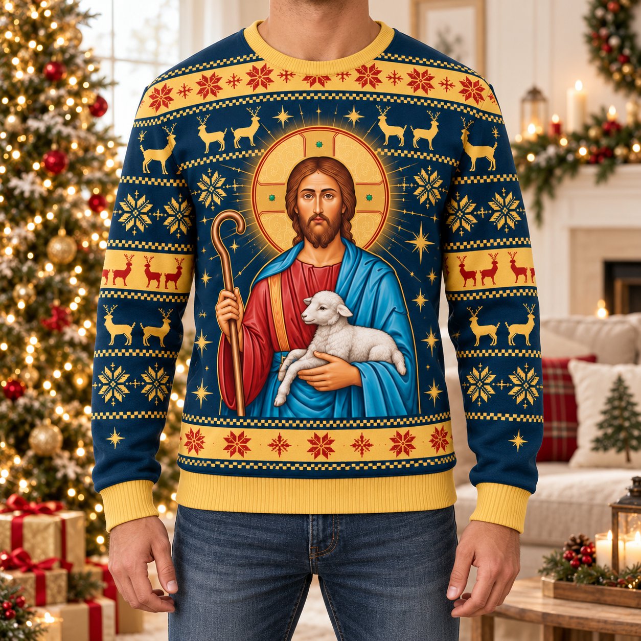 Jesus and Lamb Ugly Christmas Sweater, Good Shepherd Christian Holiday Sweatshirt, Religious Xmas Pullover, Faith Gift Shirt, Holiday Family Shirt XMASUS05