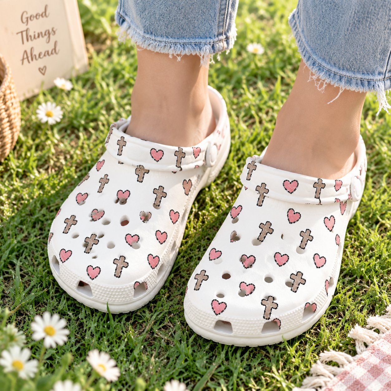 Christian Cross Heart Clog Shoes, Pink Faith Slip On Garden Shoes, Cute Religious Clogs, Kid Adult Comfort Shoes CLOGS28