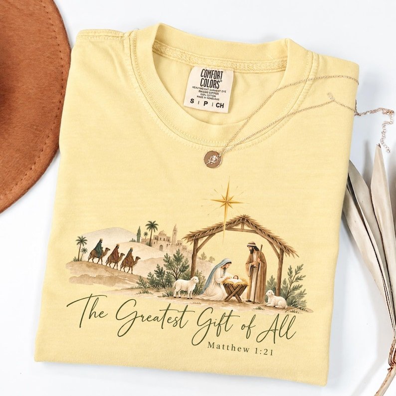 The Greatest Gift of All Shirt, Nativity Scene Christmas Tee, Jesus Birth Shirt, Matthew 1:21 Christian Shirt, Religious Christmas Gift CFNE05