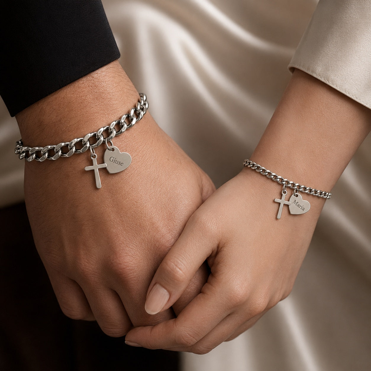 Set 2Pcs Personalized Couple Chain Bracelets With Cross Charm, Custom Couple Bracelet, Matching Stainless Steel Faith Jewelry Gift, Gift For Her/Him BRLAF07