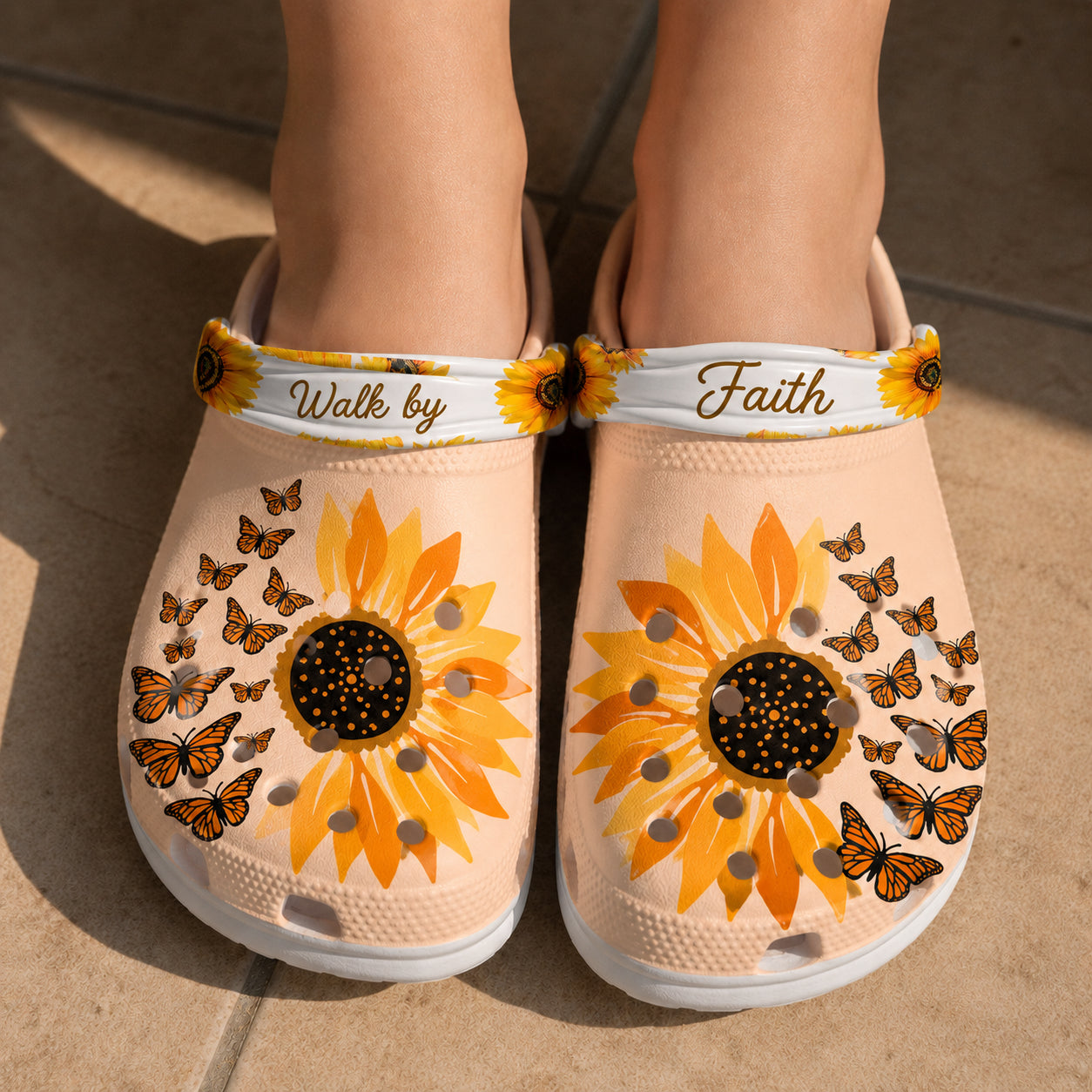 Walk By Faith Sunflower Clogs, Christian Butterfly Floral Clogs, Inspirational Christian Clogs, Slip-on Shoes, Kid Adult Comfort Shoes CLOGS03