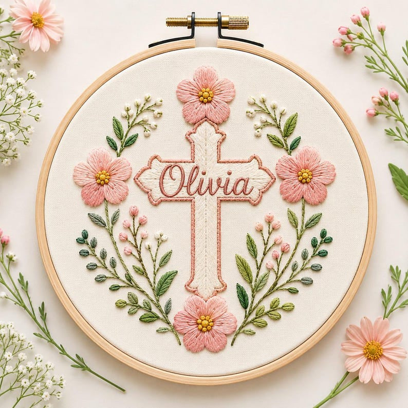 Personalized Floral Cross With Name Embroidery Hoop Art, Custom Name Christian Wall Decor, Baptism Gift, Pink Flower Religious Keepsake EH16