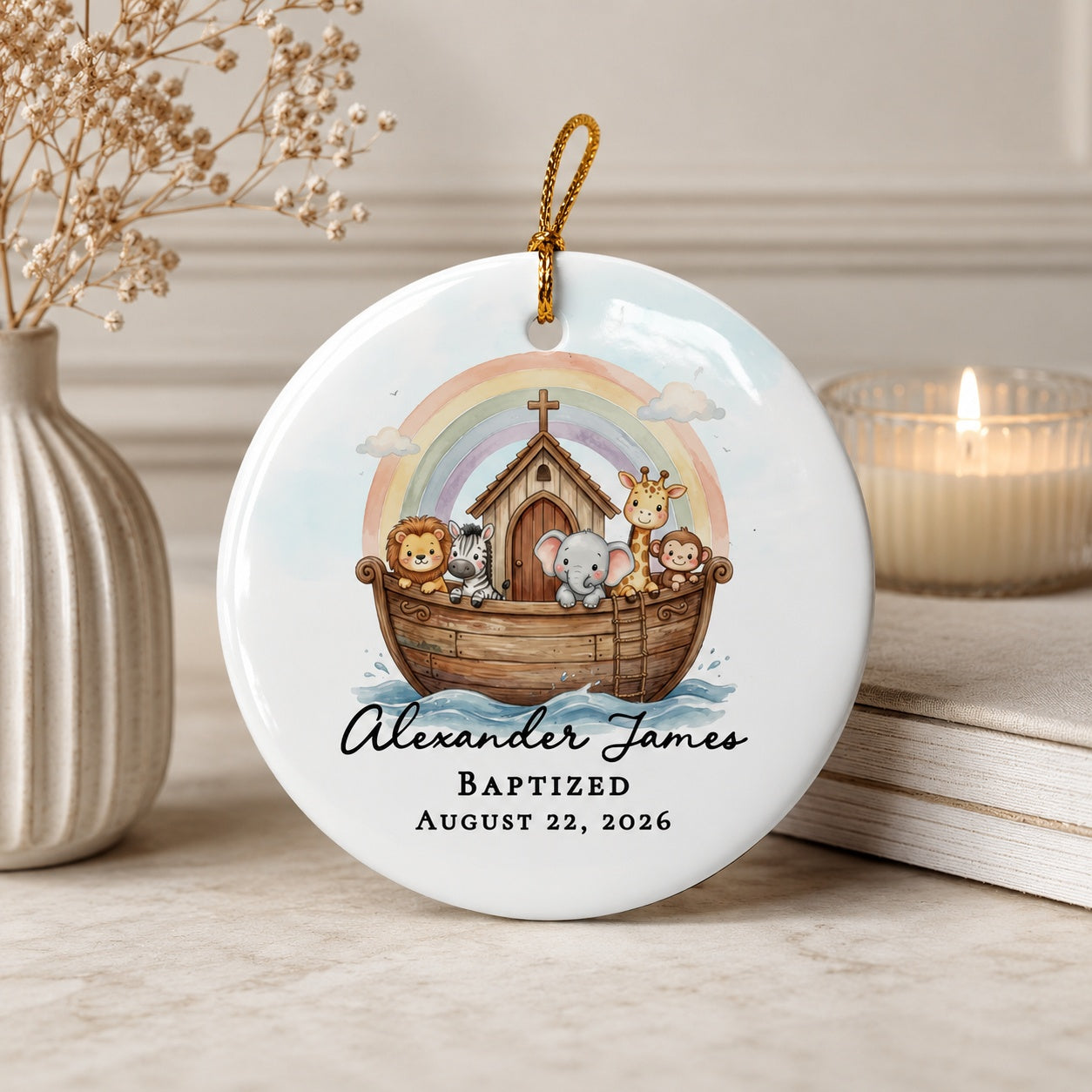 Personalized Noah's Ark Baptism Ceramic Ornament – Custom Baby Baptism Keepsake with Name & Date, Christian Christening Gift CRMO05