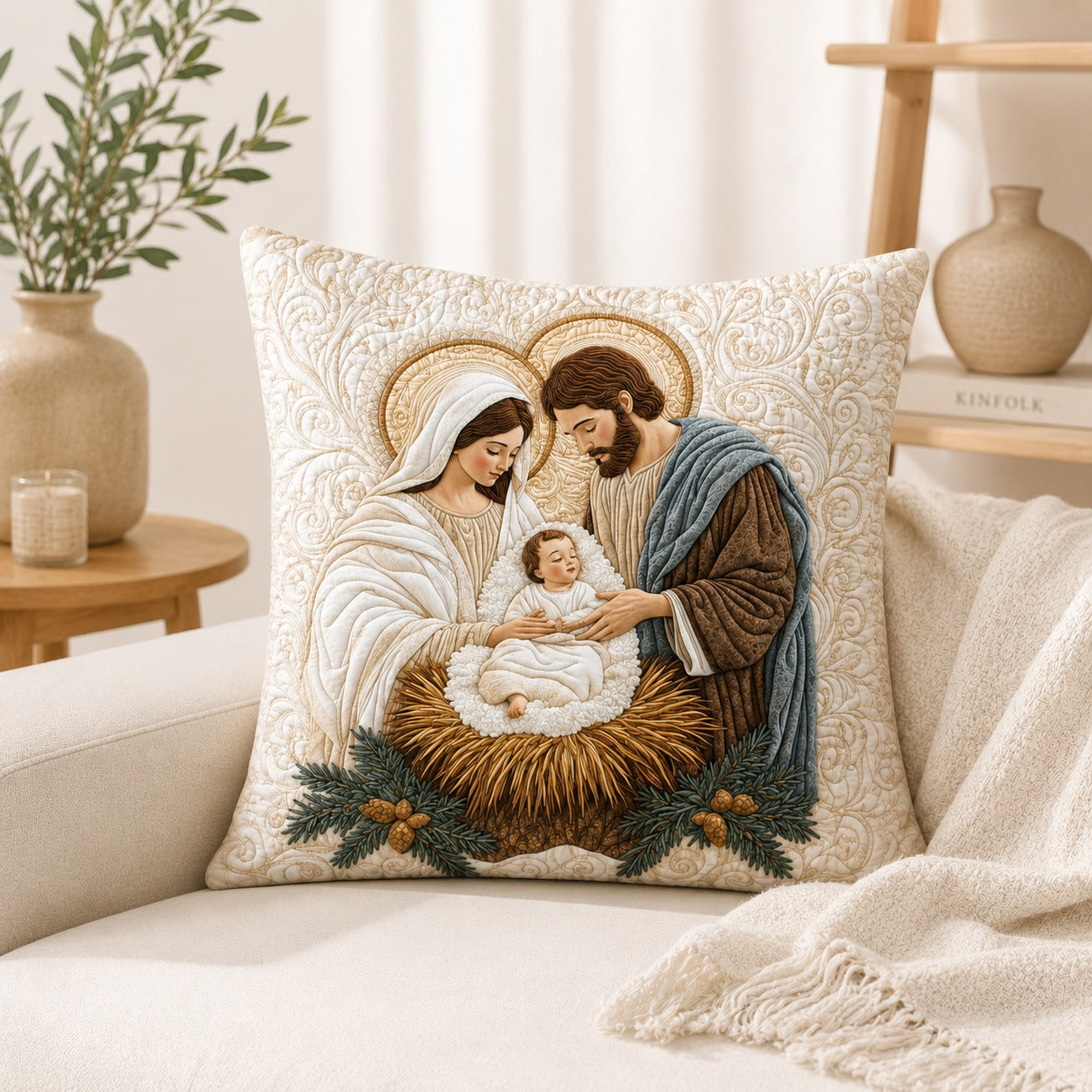 Holy Family Quilted Pillow Case, Baby Jesus Mary Joseph Pillow Cover, Catholic Christian Home Decor, Religious Christmas Gift QPILLOW04