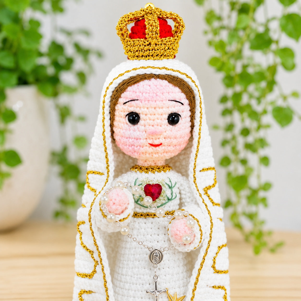 Our Lady of Fatima Doll - Handmade Crochet, Virgin Mary Doll with Rosary, Our Lady Amigurumi Plush, Religious Faith Gift, Religious Keepsake Baptism Gift, Prayer Room Decor CR05