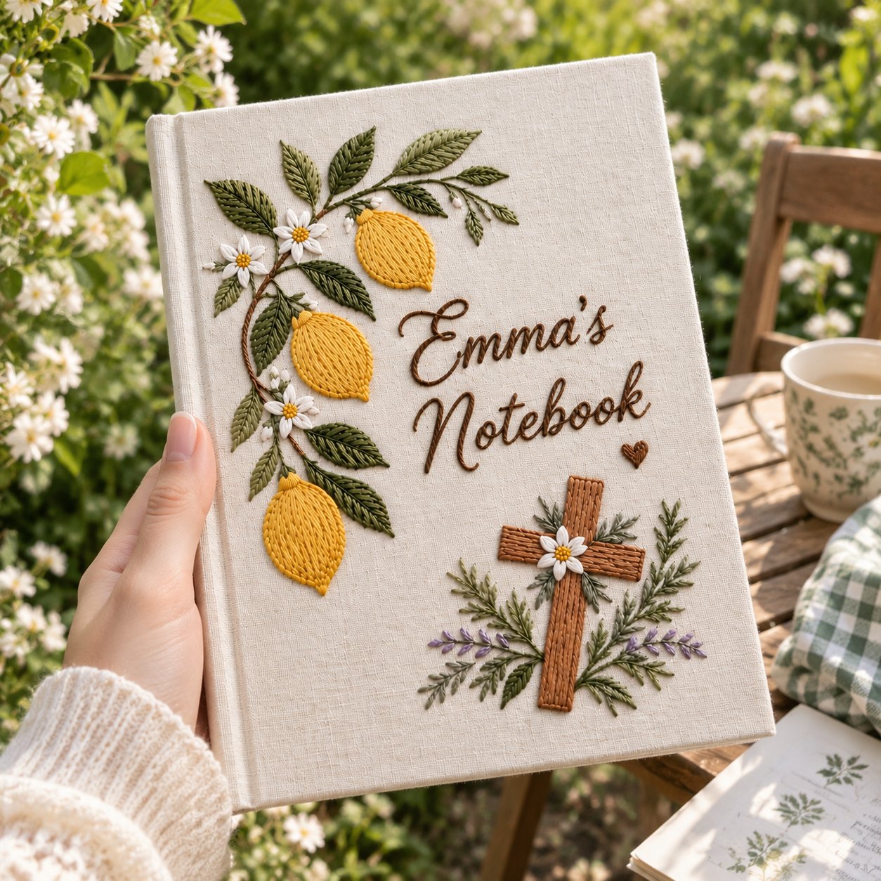 Personalized Floral Hand-Embroidery Notebook, Lemon Cross Christian Journal, Handmade Fabric Journal, Custom Name Bible Study Notebook, Faith Gift NB08