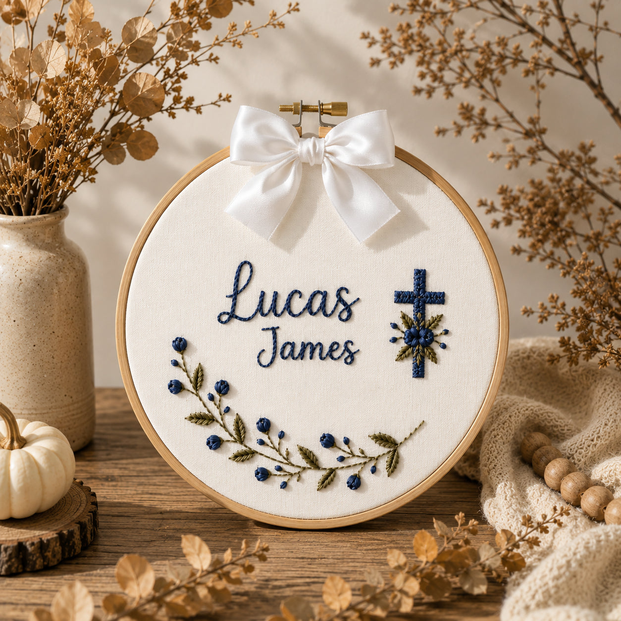 Personalized Hand Embroidered Baptism With Cross Hoop Art, Baby Hoop Art, Custom Baby Name and Baptism Date, Floral Christian Keepsake EHA33