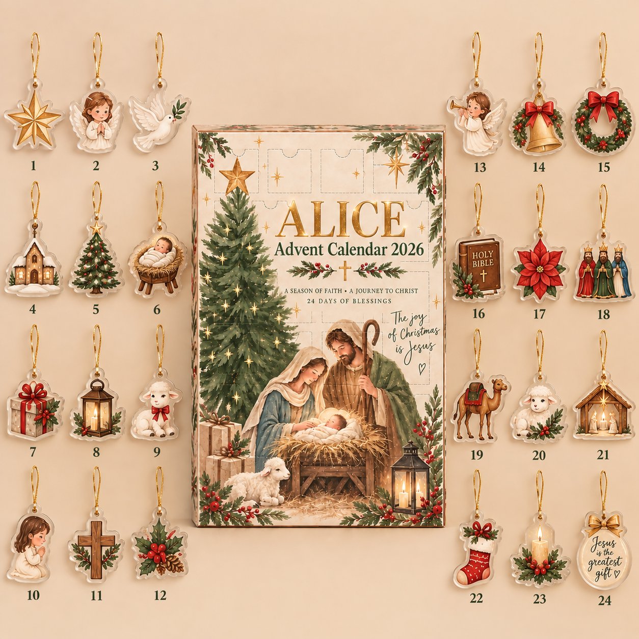 Personalized Christian Advent Calendar 2026, Holy Family Christmas Advent Calendar, 24 Days Faith Countdown, Religious Christmas Gift, Family Christmas Gifts ACG05
