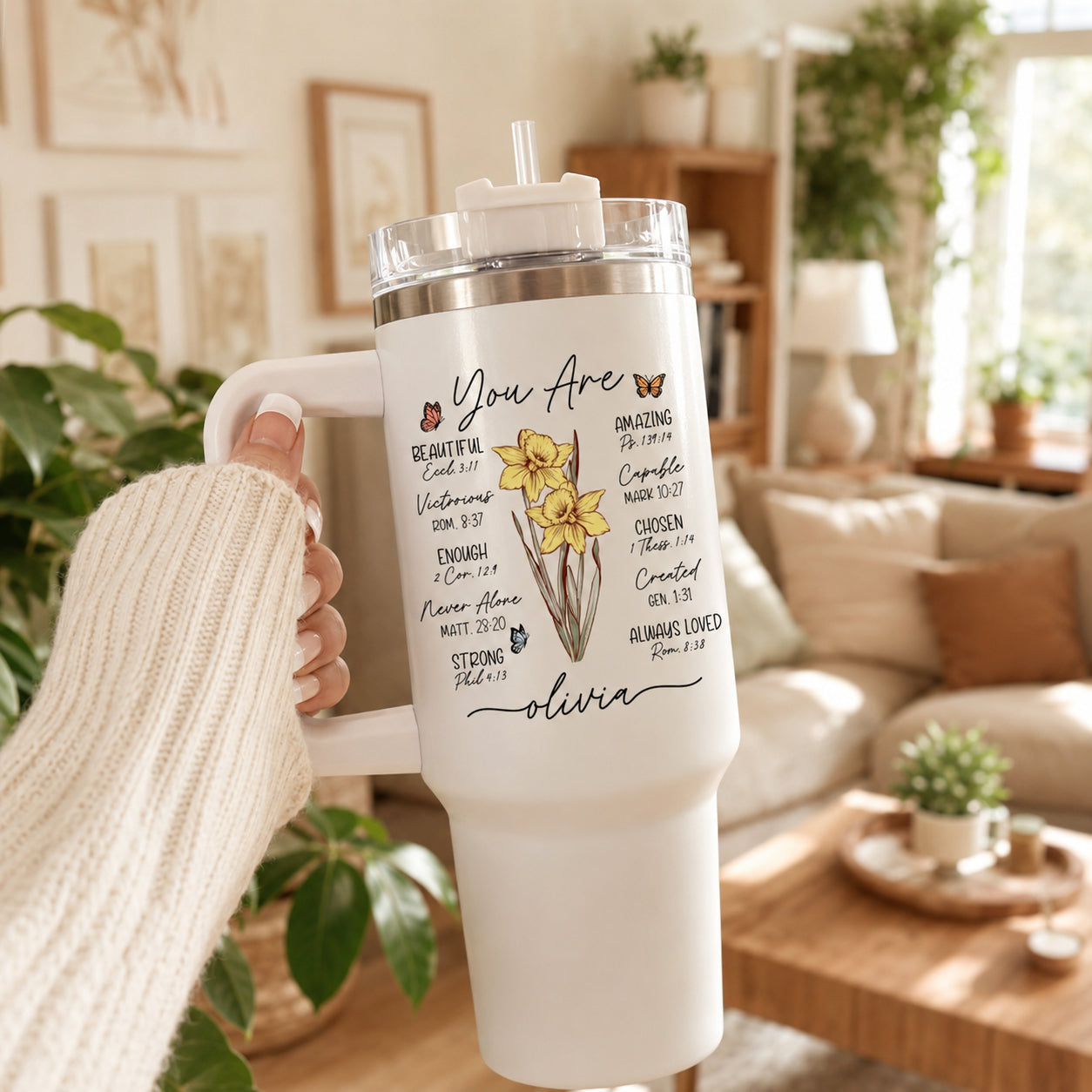 Personalized Birth Flower - Christian Tumbler with Handle, Custom Name Bible Verse Insulated Travel Cup, Flower Bible Tumbler, Faith Gift for WomenLAFN07