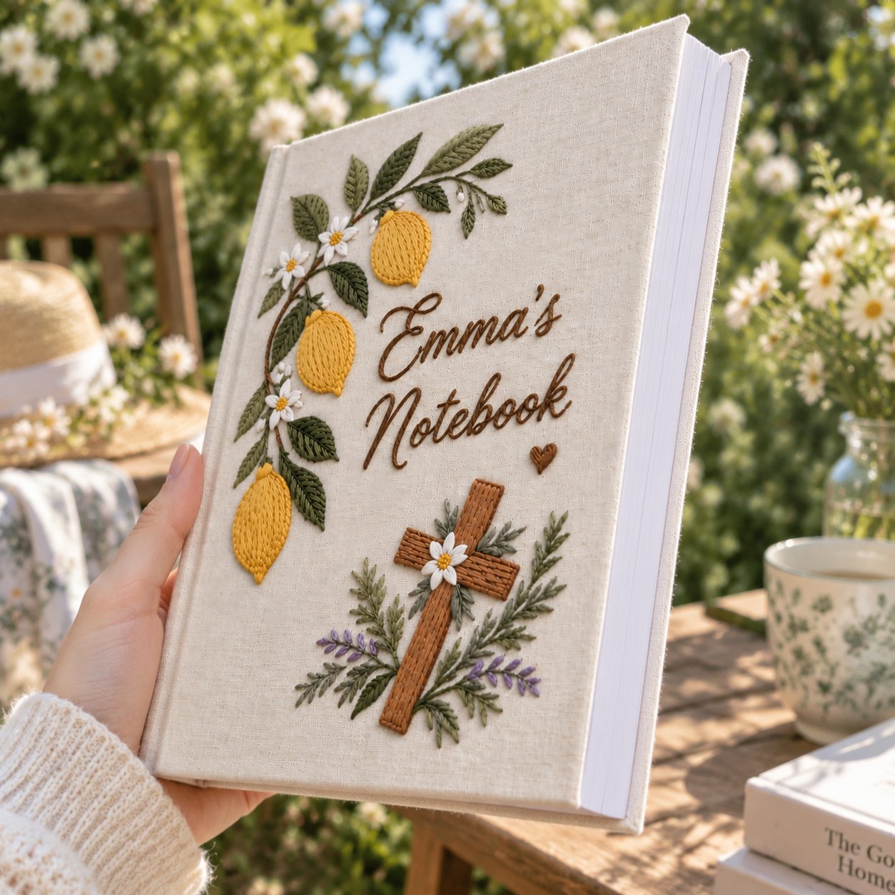 Personalized Floral Hand-Embroidery Notebook, Lemon Cross Christian Journal, Handmade Fabric Journal, Custom Name Bible Study Notebook, Faith Gift NB08
