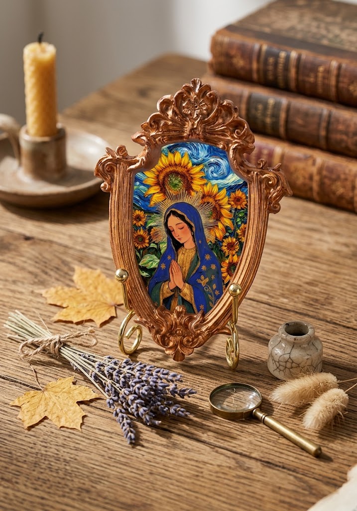 Vintage Praying Virgin Mary Sunflower Photo Frame Magnet, Decorative Religious Fridge Magnet, Christian Gift, Mini Picture Frame Magnet PM05