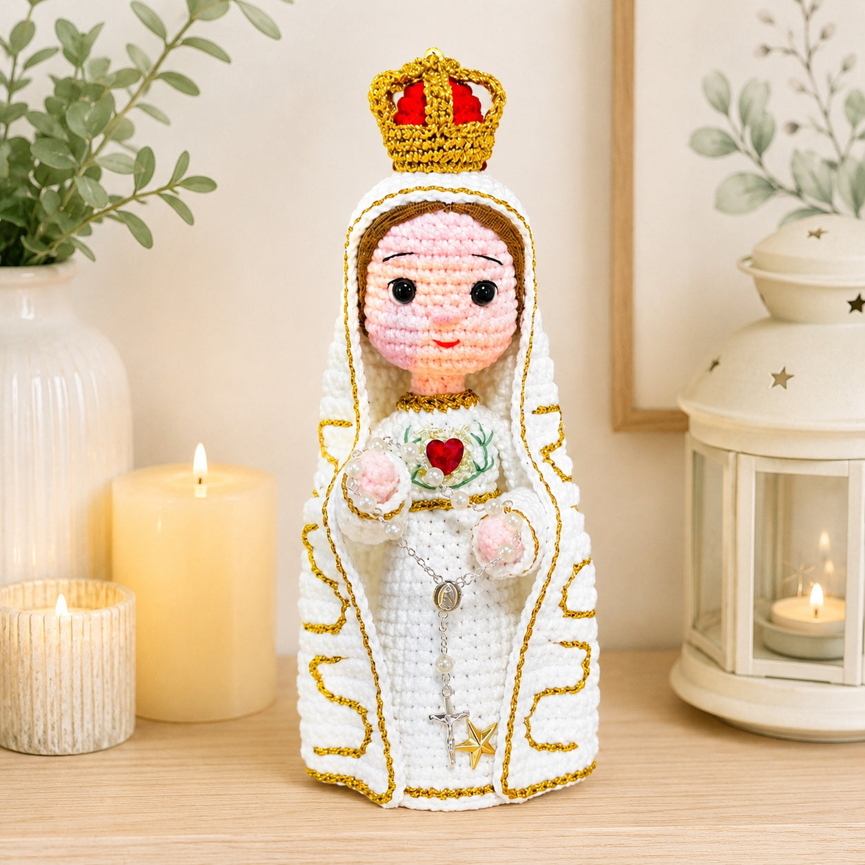 Our Lady of Fatima Doll - Handmade Crochet, Virgin Mary Doll with Rosary, Our Lady Amigurumi Plush, Religious Faith Gift, Religious Keepsake Baptism Gift, Prayer Room Decor CR05