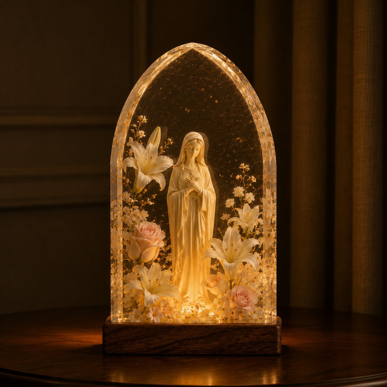 Virgin Mary Epoxy Lamp, Our Lady Catholic LED Night Light, Christian Floral Home Decor, Religious Prayer Room Gift, Marian Devotional Gift EPOXY06