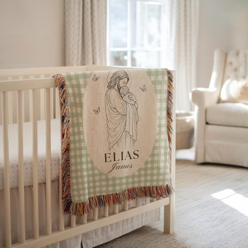 Personalized Jesus Baby Woven Blanket, Christian Baby Gift Jesus Holding Baby Blanket, Custom Name Baby Baptism Gift, Newborn Christian Nursery Decor WBLAF05