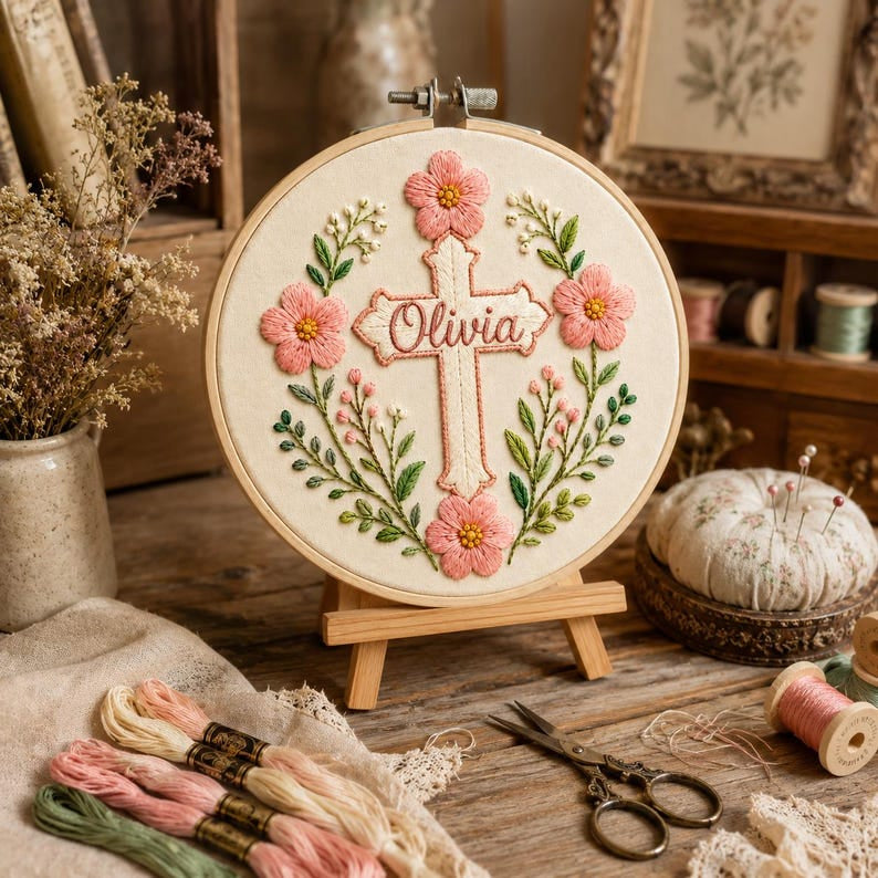 Personalized Floral Cross With Name Embroidery Hoop Art, Custom Name Christian Wall Decor, Baptism Gift, Pink Flower Religious Keepsake EH16