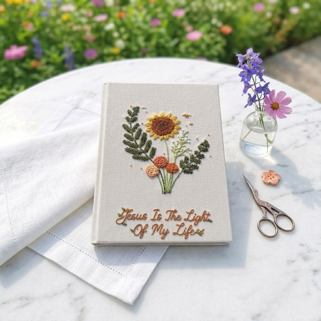 Personalized Jesus Is Light Hand-Embroidered Notebook, Handmade Flower Christian Fabric Notebook, Custom Diary, Bible Flower Notebook, Fabric Hard Cover Journal, Custom Notebook NB02