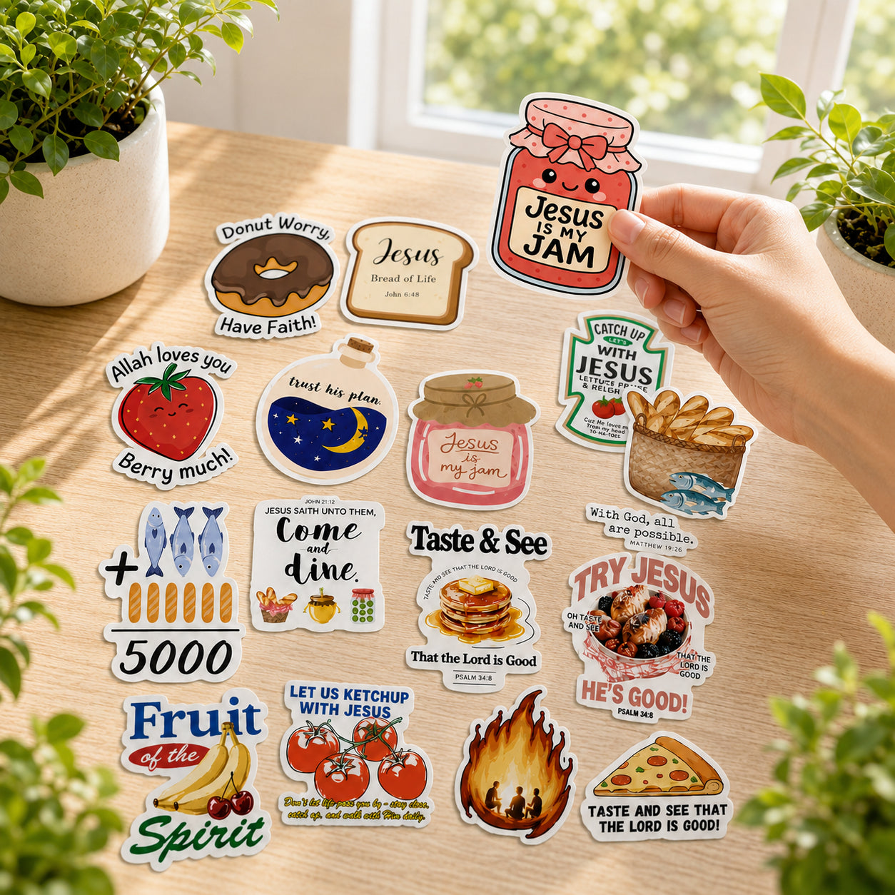 Cute Jesus Food Theme Stickers, Christian Bible Verse Pun Sticker Set, Prayer Journal, Scrapbooking, Laptop, Water Bottle & Church Gifts ST05