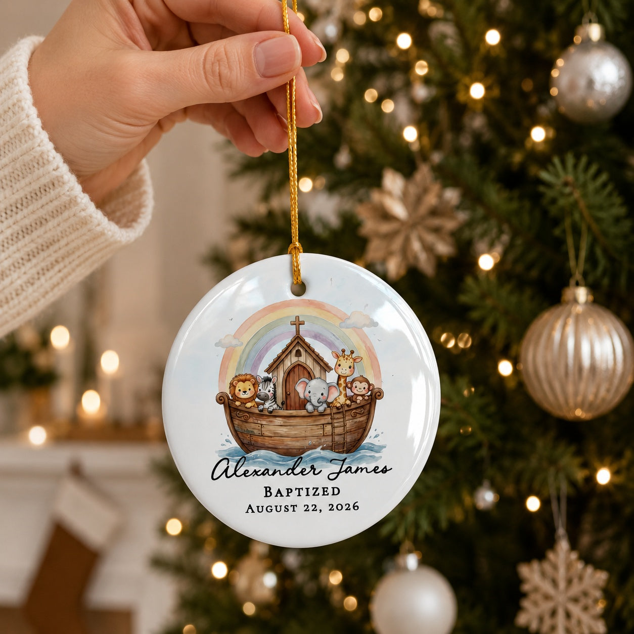 Personalized Noah's Ark Baptism Ceramic Ornament – Custom Baby Baptism Keepsake with Name & Date, Christian Christening Gift CRMO05