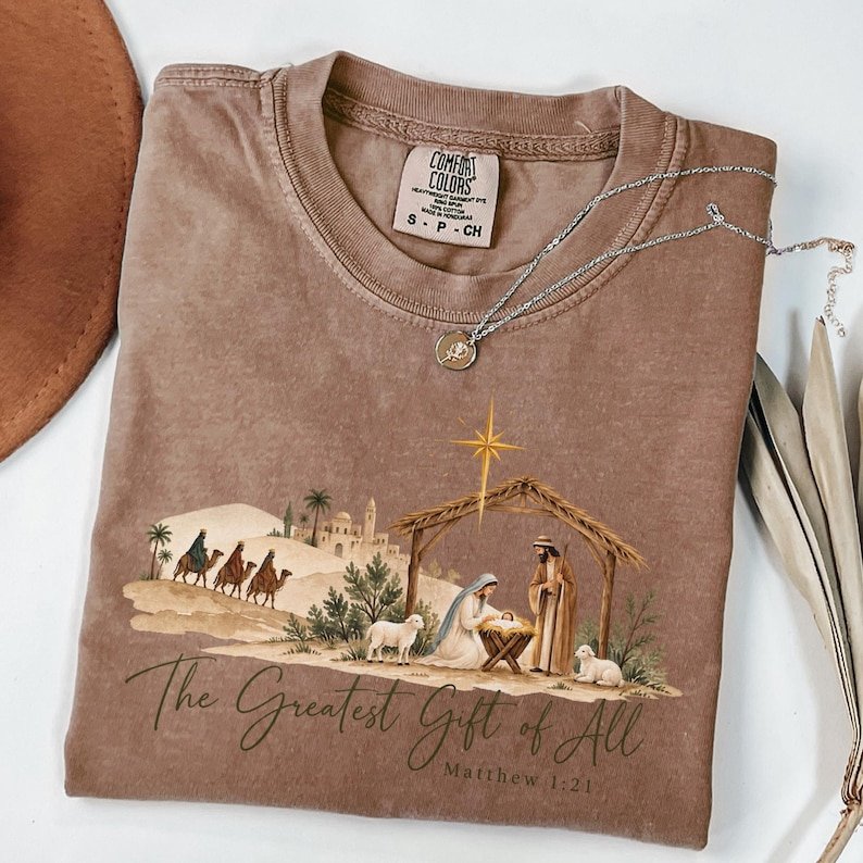 The Greatest Gift of All Shirt, Nativity Scene Christmas Tee, Jesus Birth Shirt, Matthew 1:21 Christian Shirt, Religious Christmas Gift CFNE05