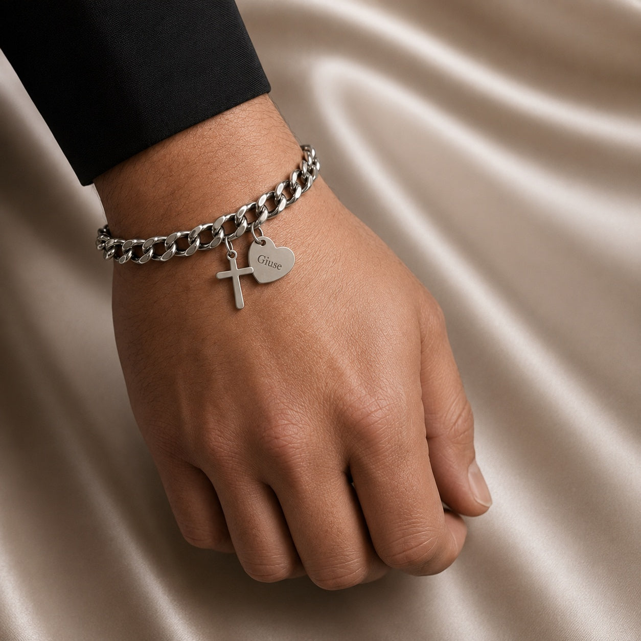 Set 2Pcs Personalized Couple Chain Bracelets With Cross Charm, Custom Couple Bracelet, Matching Stainless Steel Faith Jewelry Gift, Gift For Her/Him BRLAF07