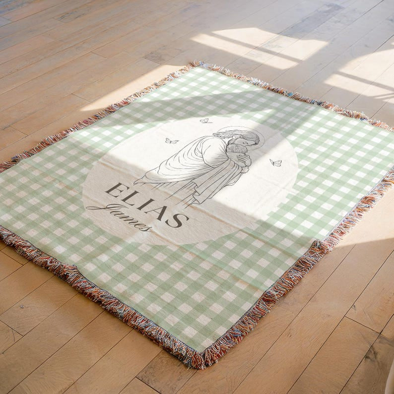 Personalized Jesus Baby Woven Blanket, Christian Baby Gift Jesus Holding Baby Blanket, Custom Name Baby Baptism Gift, Newborn Christian Nursery Decor WBLAF05
