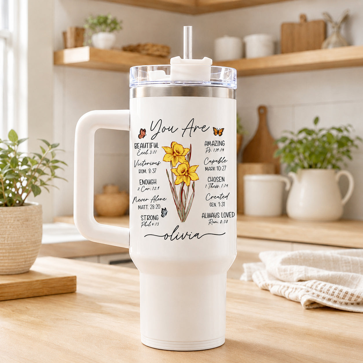 Personalized Birth Flower - Christian Tumbler with Handle, Custom Name Bible Verse Insulated Travel Cup, Flower Bible Tumbler, Faith Gift for WomenLAFN07