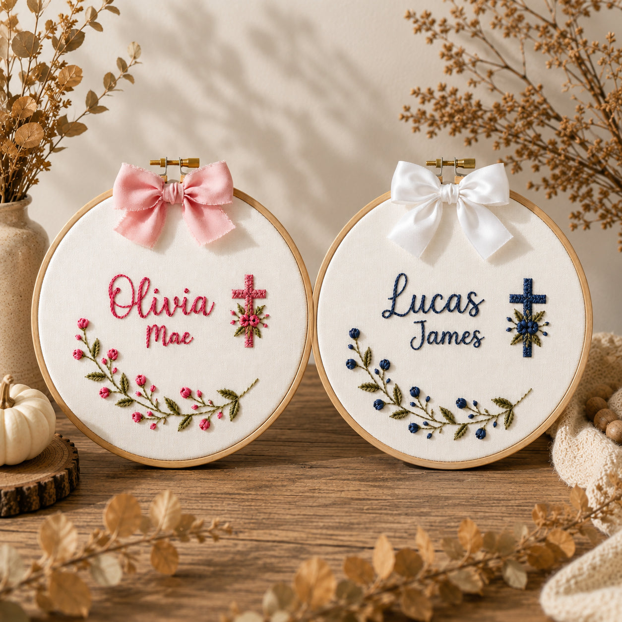 Personalized Hand Embroidered Baptism With Cross Hoop Art, Baby Hoop Art, Custom Baby Name and Baptism Date, Floral Christian Keepsake EHA33