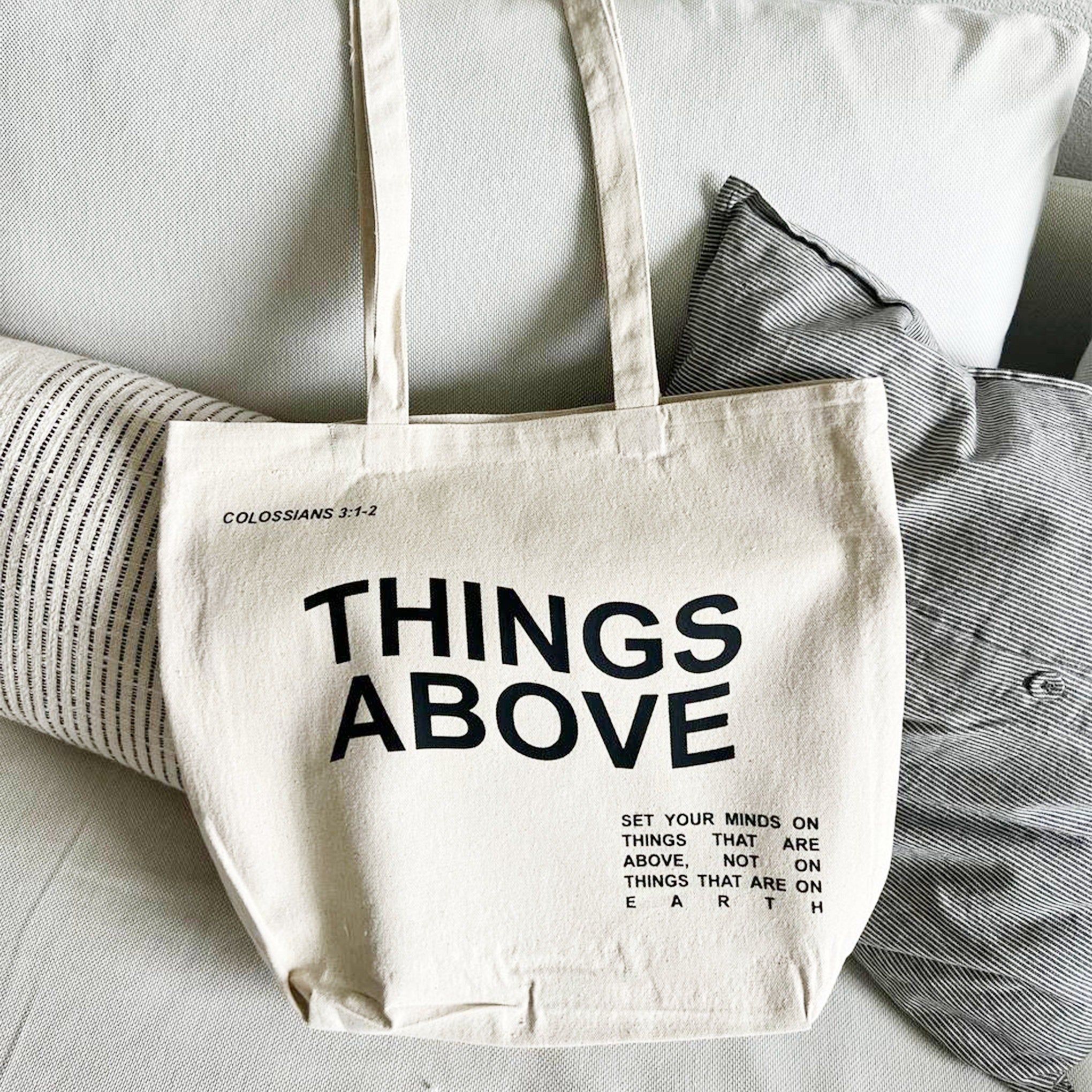 Christian Large Tote Bag – THINGS ABOVE Colossians 3:1-2 – Beige Canvas Tote – Bible Verse Christian Gift – Faith-Based Scripture Bag – Religious Gift for Women TBLAF07