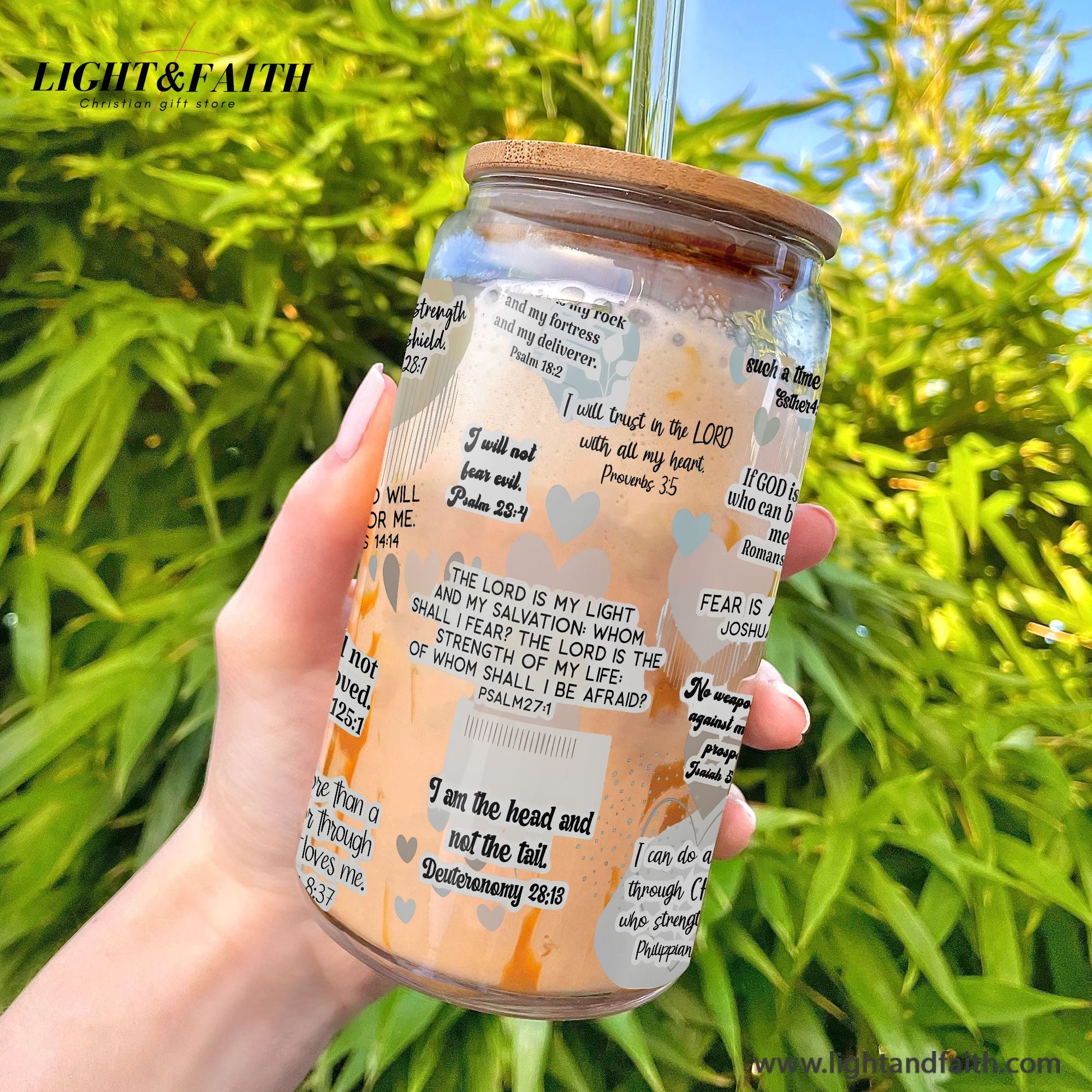 Christian Glass Can with Bamboo Lid and Straw, Bible Verse Heart Design Cup, Scripture Iced Coffee Tumbler, Faith Gift for Women GCLAF34