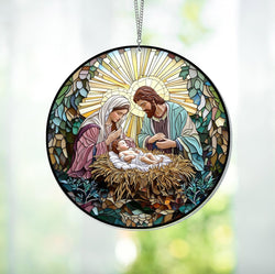 Nativity Scene Suncatcher Ornament, Faux Stained Acrylic Christian Window Hanging.