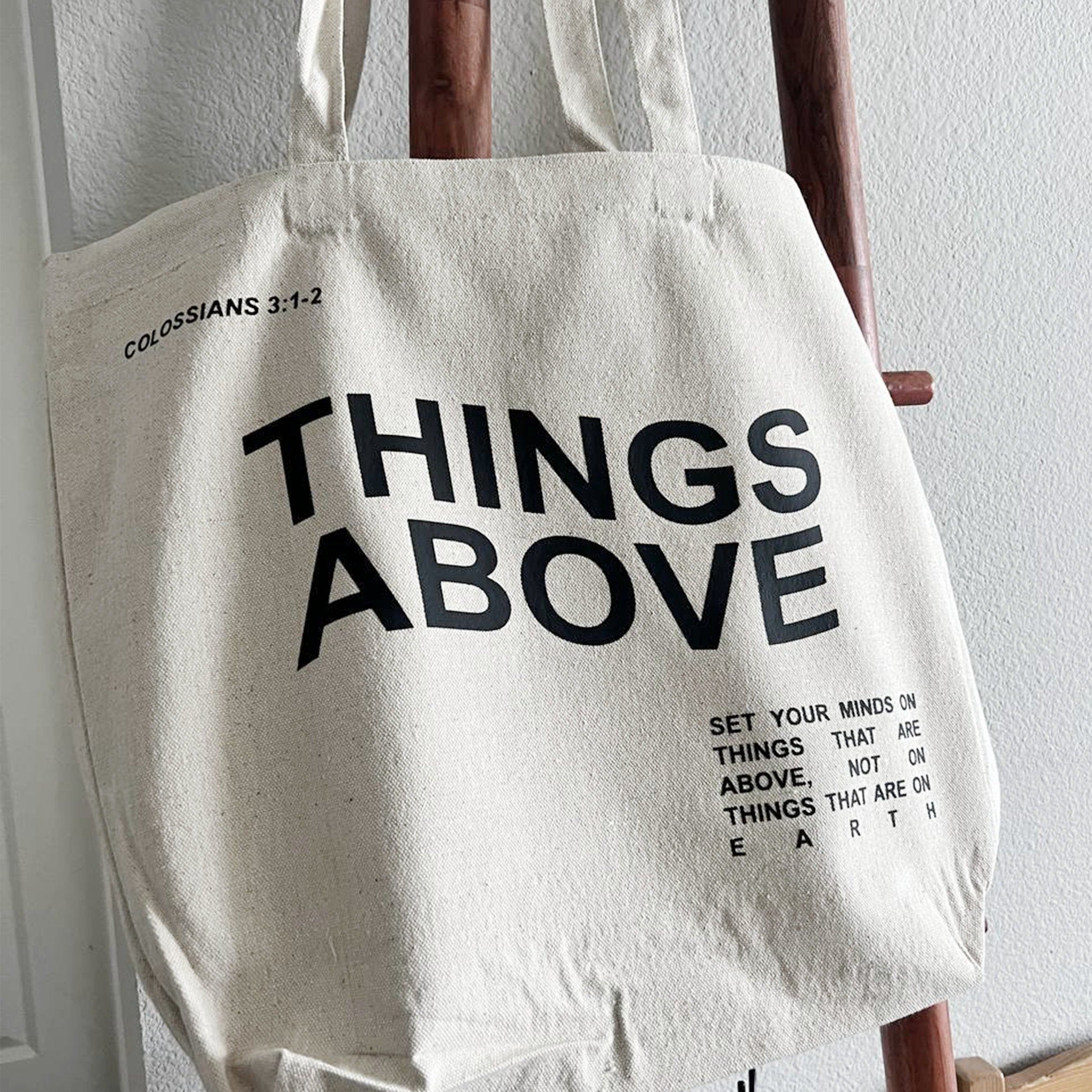 Christian Large Tote Bag – THINGS ABOVE Colossians 3:1-2 – Beige Canvas Tote – Bible Verse Christian Gift – Faith-Based Scripture Bag – Religious Gift for Women TBLAF07