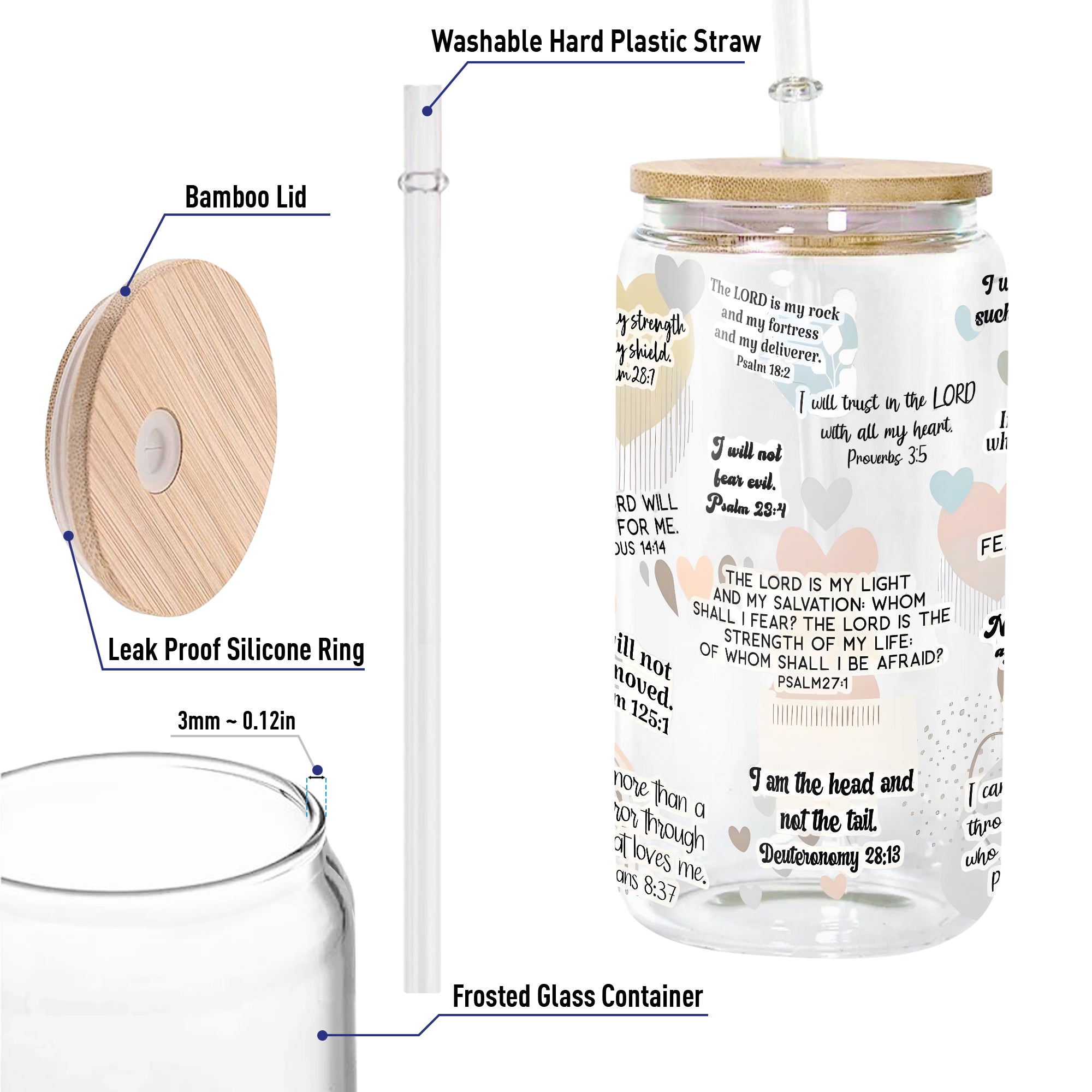 Christian Glass Can with Bamboo Lid and Straw, Bible Verse Heart Design Cup, Scripture Iced Coffee Tumbler, Faith Gift for Women GCLAF34