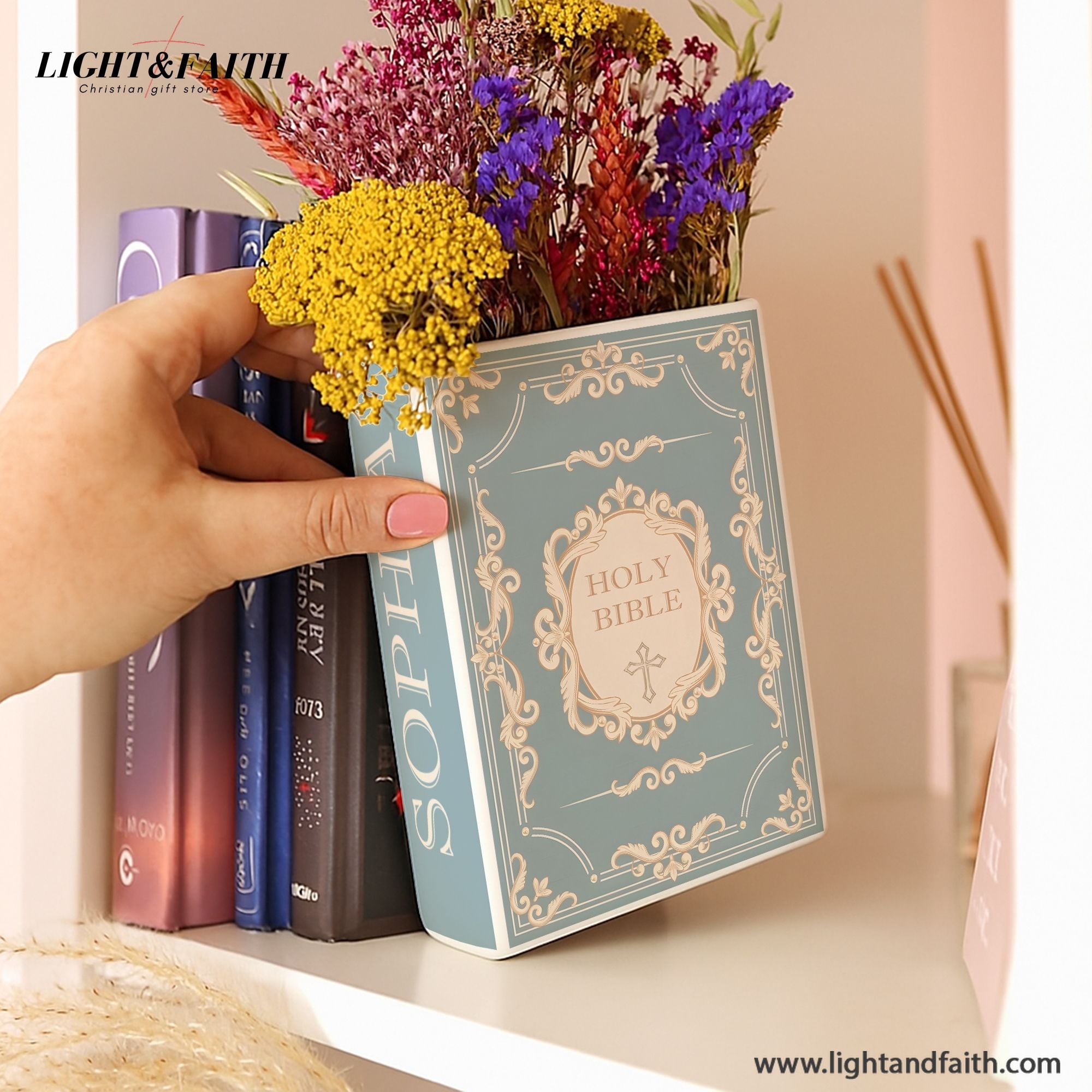 Personalized Holy Bible Book Vase for Women, Pastel Floral Ceramic Christian Home Decor with Name, Faith Inspired Shelf Decor CBLAF07