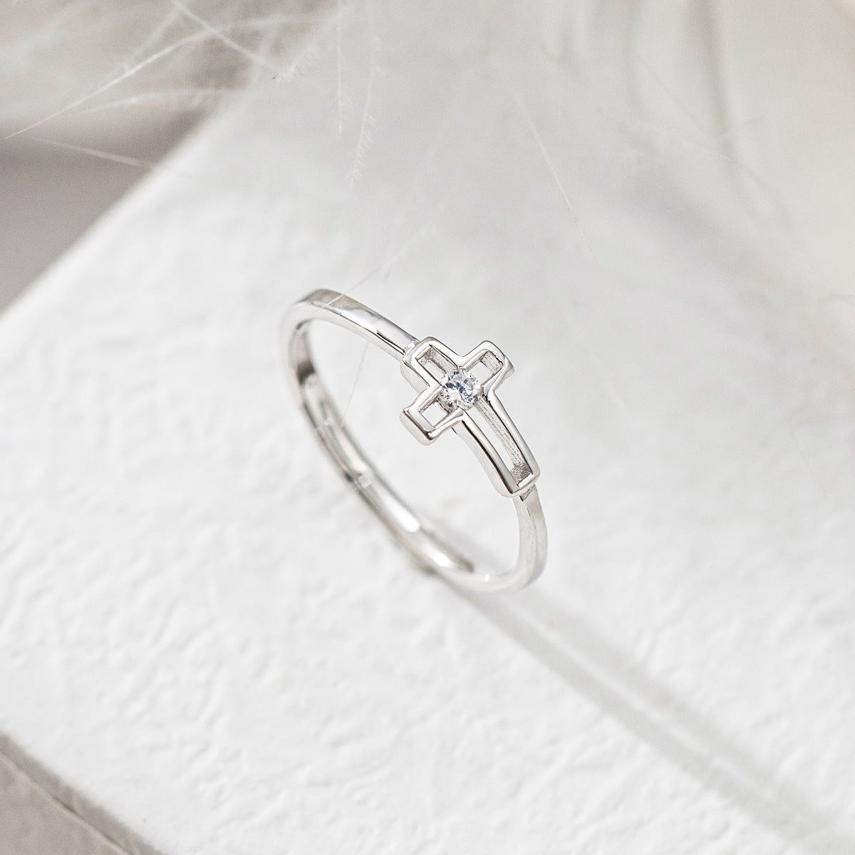 Delicate Cross Silver Ring for Women, Adjustable Minimal Band, Christian Faith Jewelry, Gift for Her