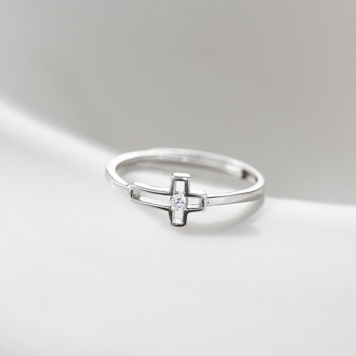 Delicate Cross Silver Ring for Women, Adjustable Minimal Band, Christian Faith Jewelry, Gift for Her