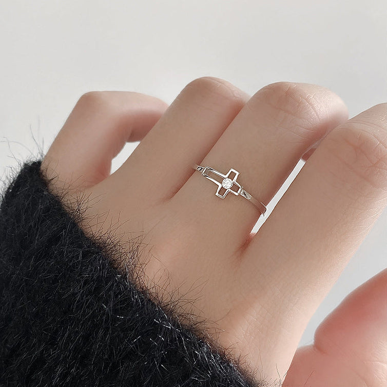Delicate Cross Silver Ring for Women, Adjustable Minimal Band, Christian Faith Jewelry, Gift for Her
