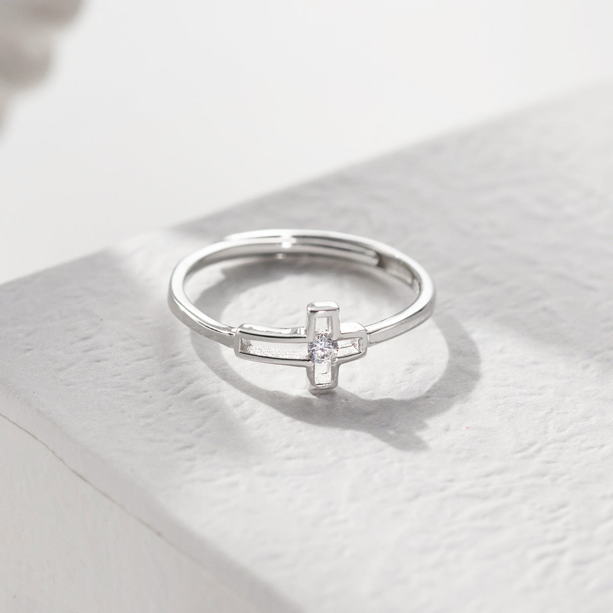 Delicate Cross Silver Ring for Women, Adjustable Minimal Band, Christian Faith Jewelry, Gift for Her