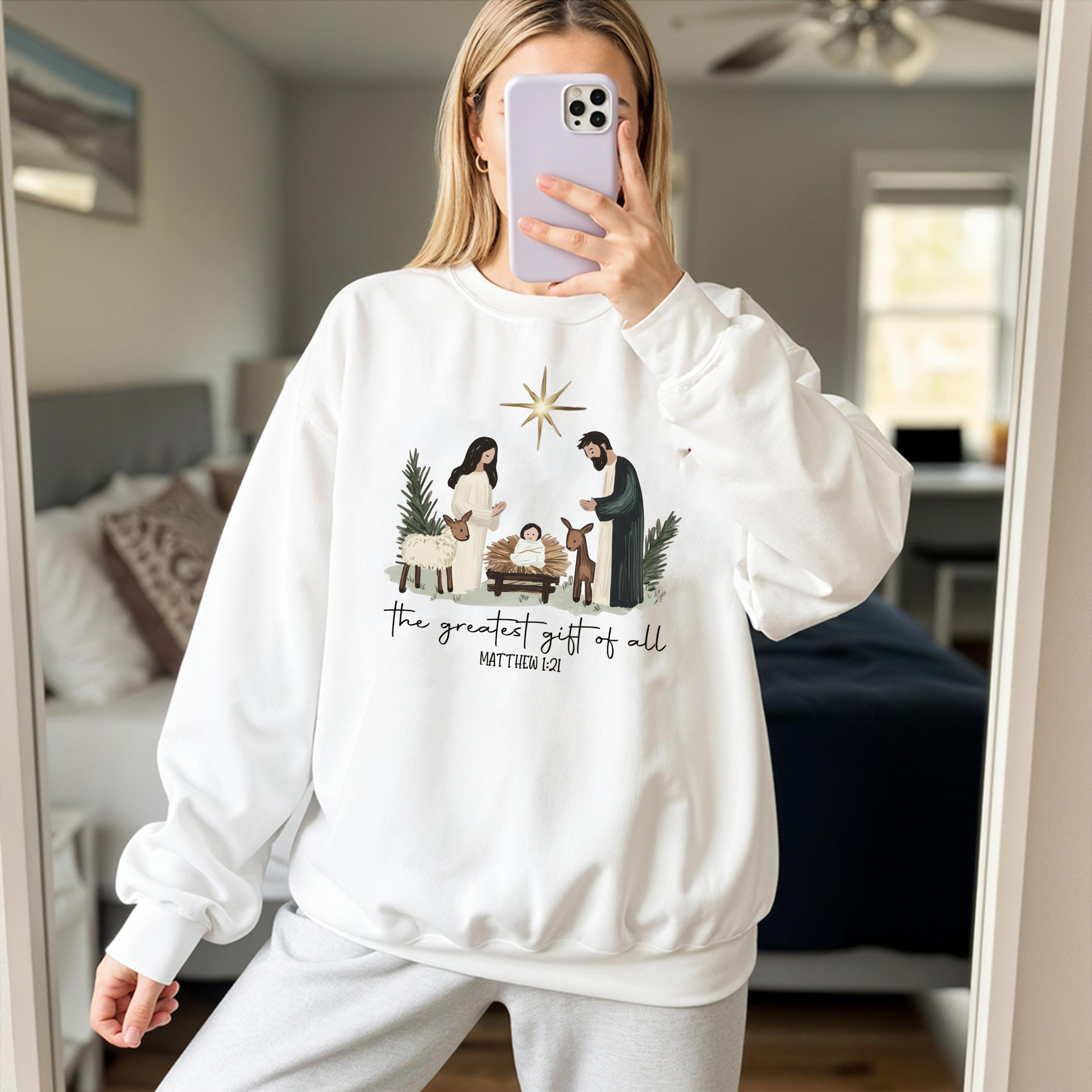 The Greatest Gift of All Sweatshirt, Christian Nativity Christmas Sweater, Matthew 1:21 Bible Verse Shirt, Religious Holiday Gift
