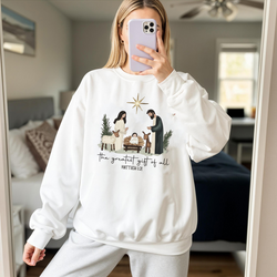 The Greatest Gift of All Sweatshirt, Christian Nativity Christmas Sweater, Matthew 1:21 Bible Verse Shirt, Religious Holiday Gift