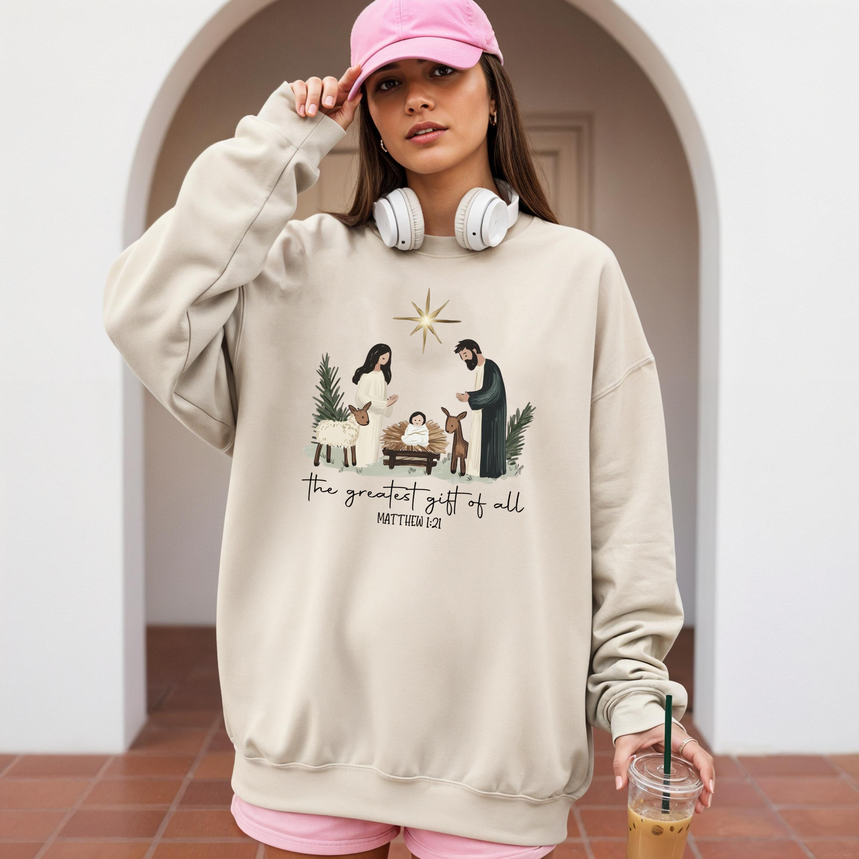 The Greatest Gift of All Sweatshirt, Christian Nativity Christmas Sweater, Matthew 1:21 Bible Verse Shirt, Religious Holiday Gift