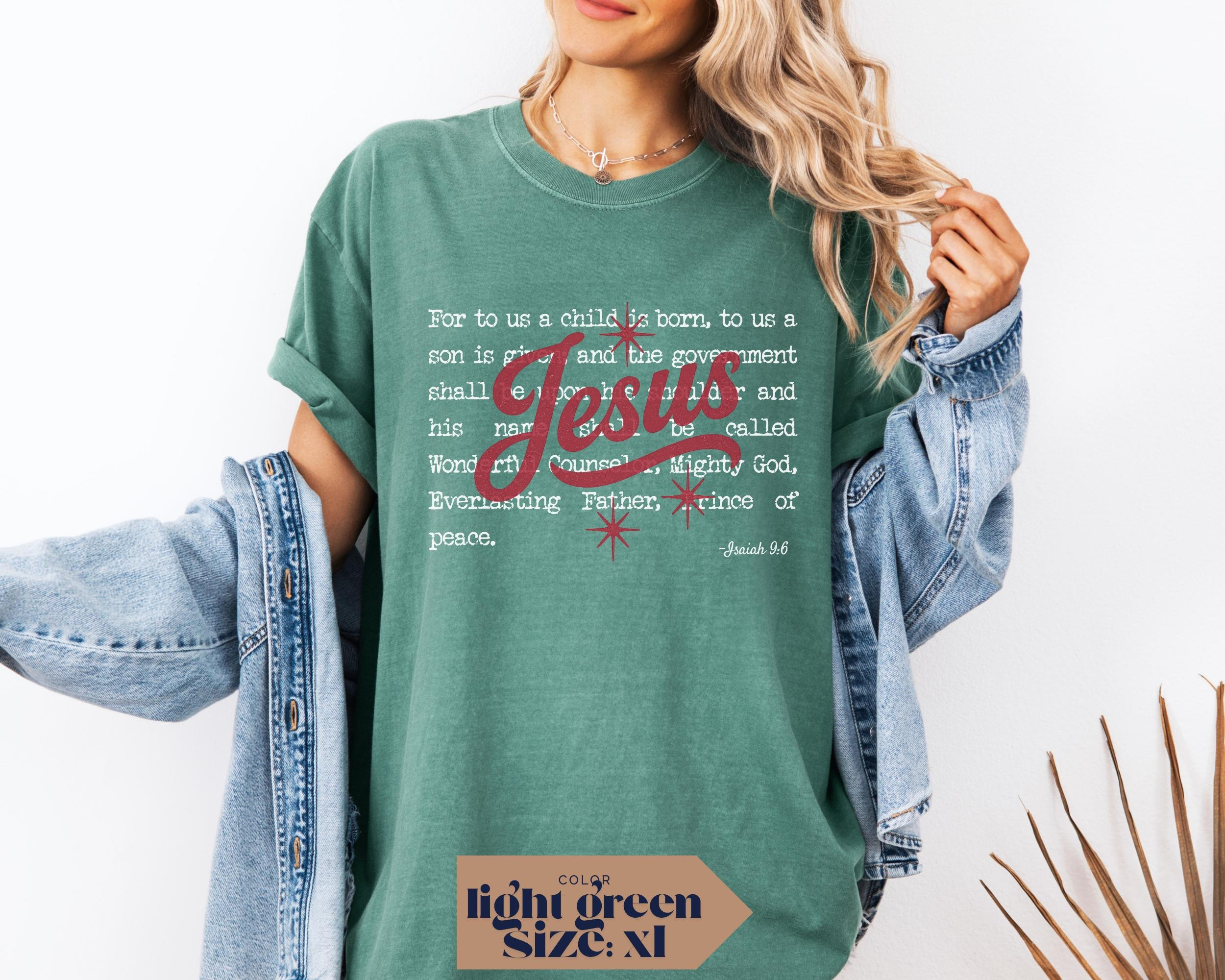 Christian Christmas Comfort Colors T-Shirt for Jesus Lovers, Isaiah 9-6 Bible Verse Tee, Faith-Based Holiday Shirt for Women and Men