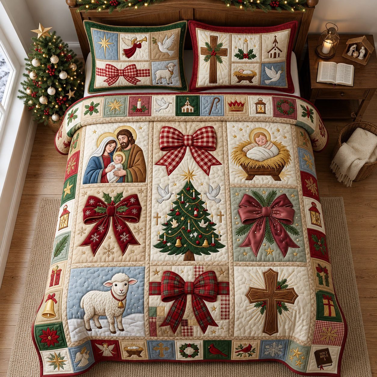 Christian Christmas Quilted Bedding Set, Holy Family Quilted Blanket And Pillowcases, Personalized Bedding Set, Bedroom Decor LAFBED55