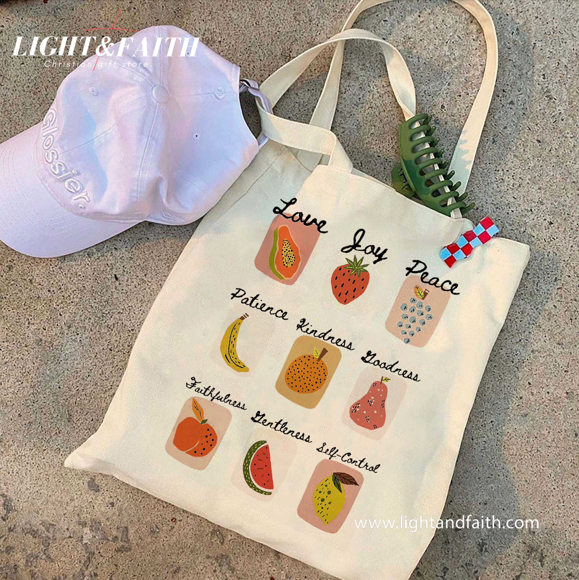 Fruit of the Spirit Tote Bag, Galatians 5:22-23 Christian Canvas Bag, Cute Bible Verse Fruit Design, Faith Gift for Women, Church Tote TBLAF64