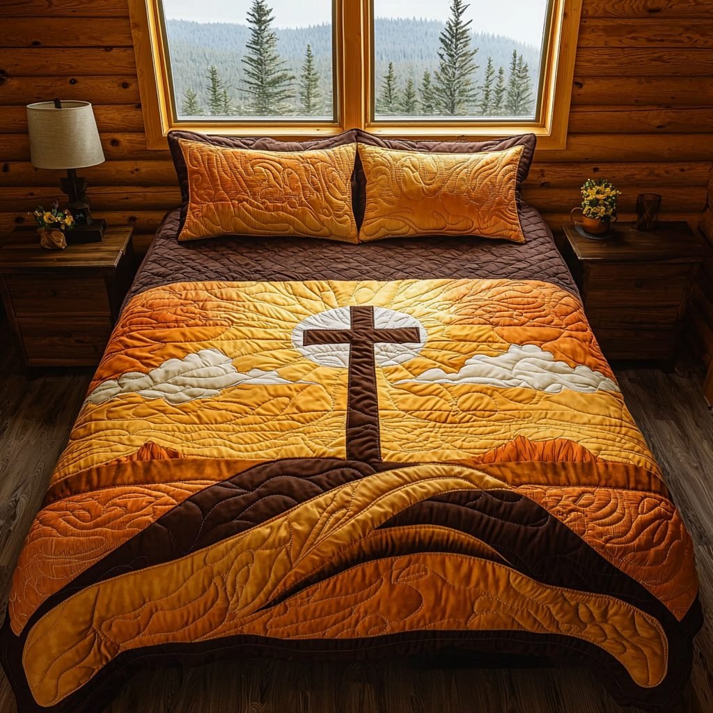 Christian Cross Quilted Bedding Set, Christian Quilted Blanket And Pillowcases, Personalized Bedding Set, Bedroom Decor LAFBED58