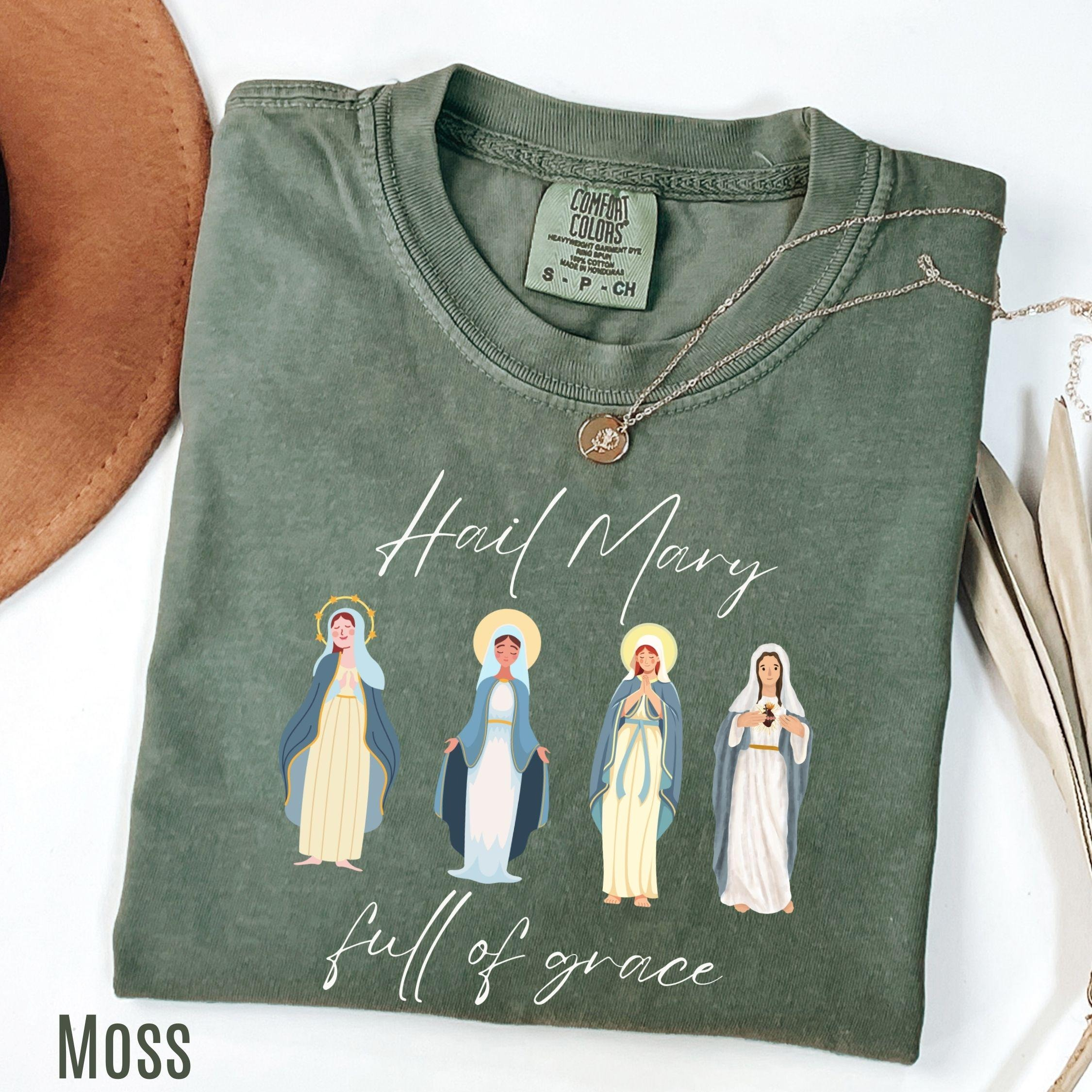 Blessed Virgin Mary Shirts Hail Mary Full Of Grace Comfort Colors T-shirt Catholic Gift For Women Female Saint Shirt Bible Verse Shirt