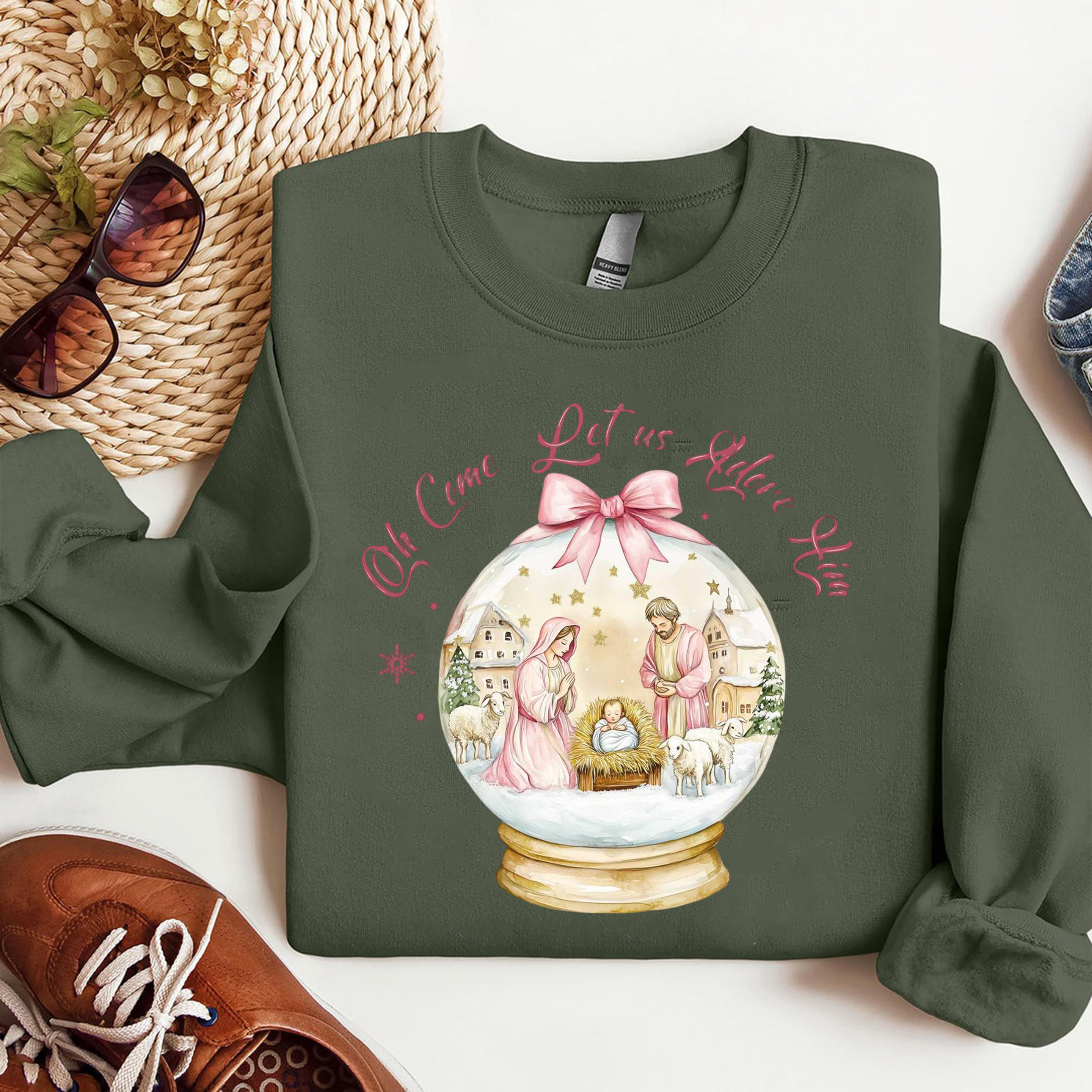 Oh Come Let Us Adore Him Sweatshirt, Christian Nativity Snow Globe Christmas Sweater, Religious Holiday Gift, Jesus Birth Shirt