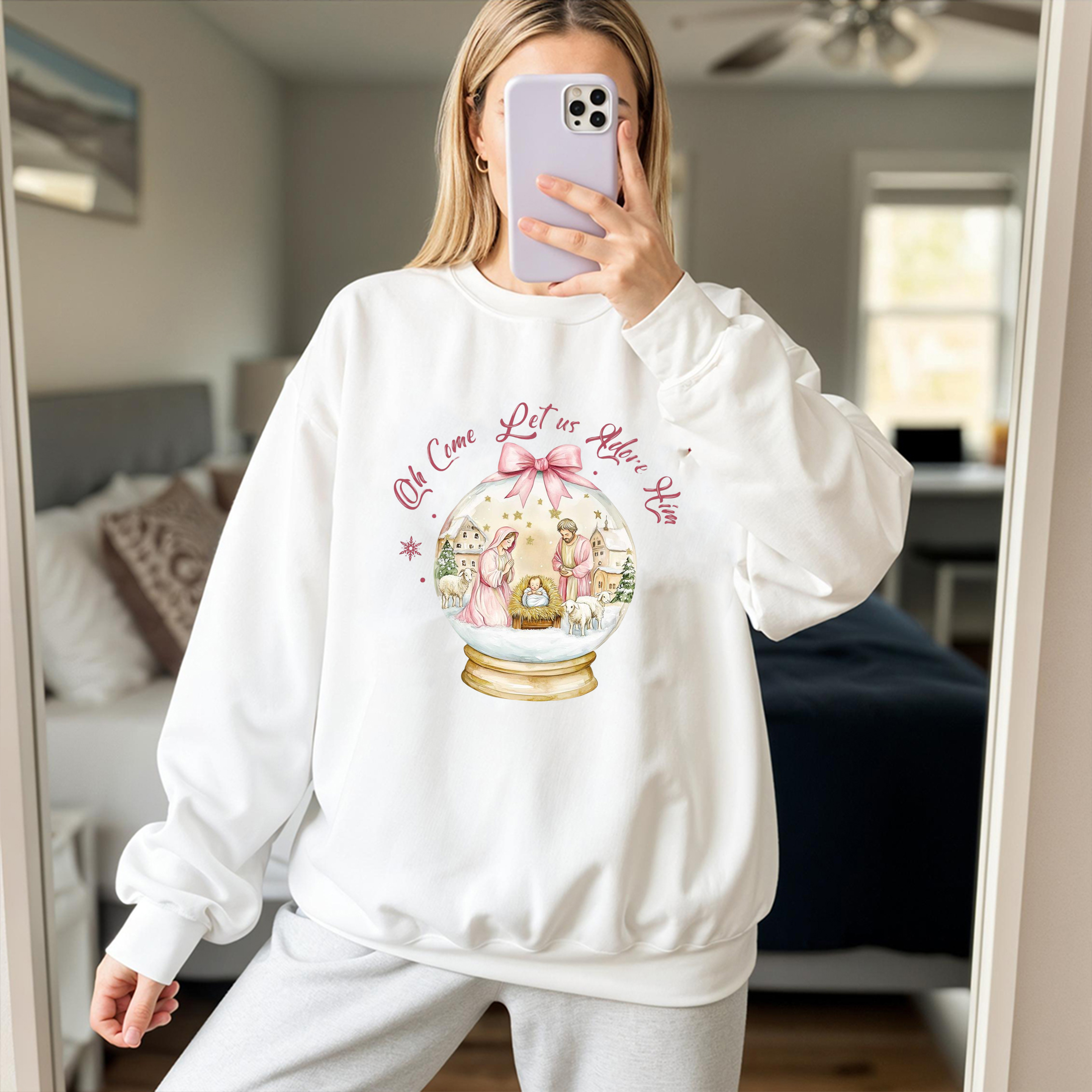 Oh Come Let Us Adore Him Sweatshirt, Christian Nativity Snow Globe Christmas Sweater, Religious Holiday Gift, Jesus Birth Shirt