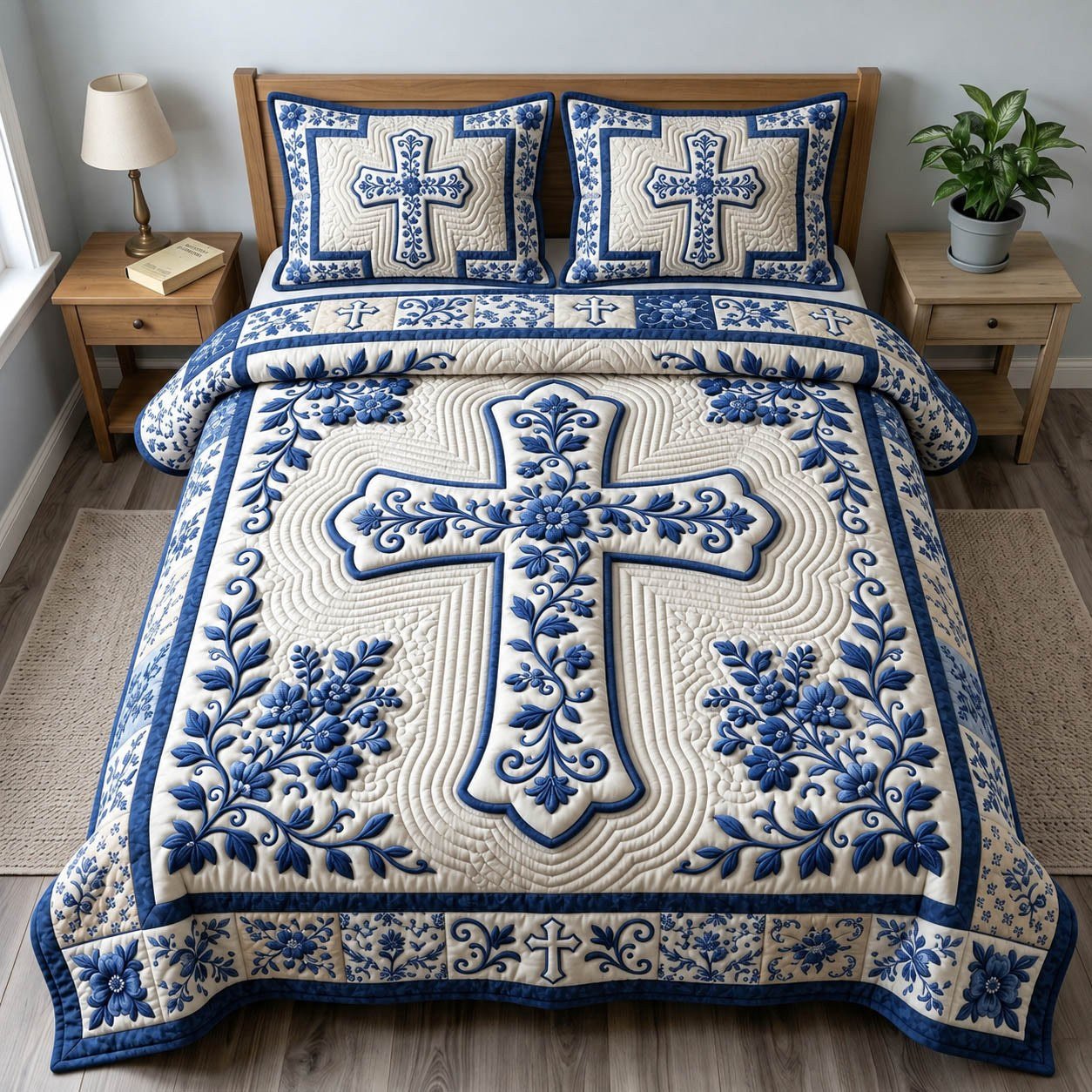 Blue Christian Cross Quilted Bedding Set, Christian Quilted Blanket And Pillowcases, Personalized Bedding Set, Bedroom Decor LAFBED59
