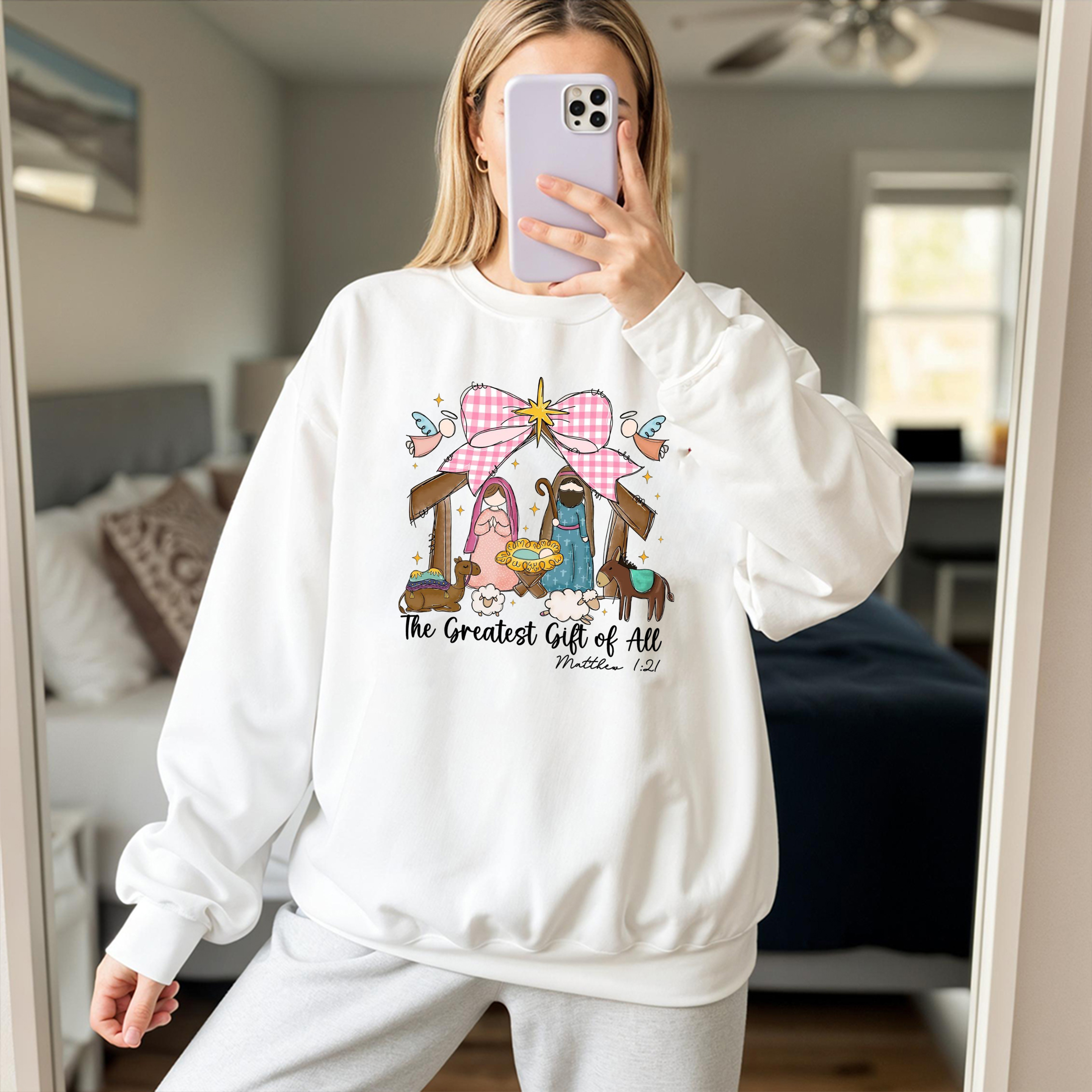 The Greatest Gift of All Sweatshirt, Christian Nativity Scene Christmas Sweater, Matthew 1:21 Bible Verse Shirt, Religious Holiday Gift