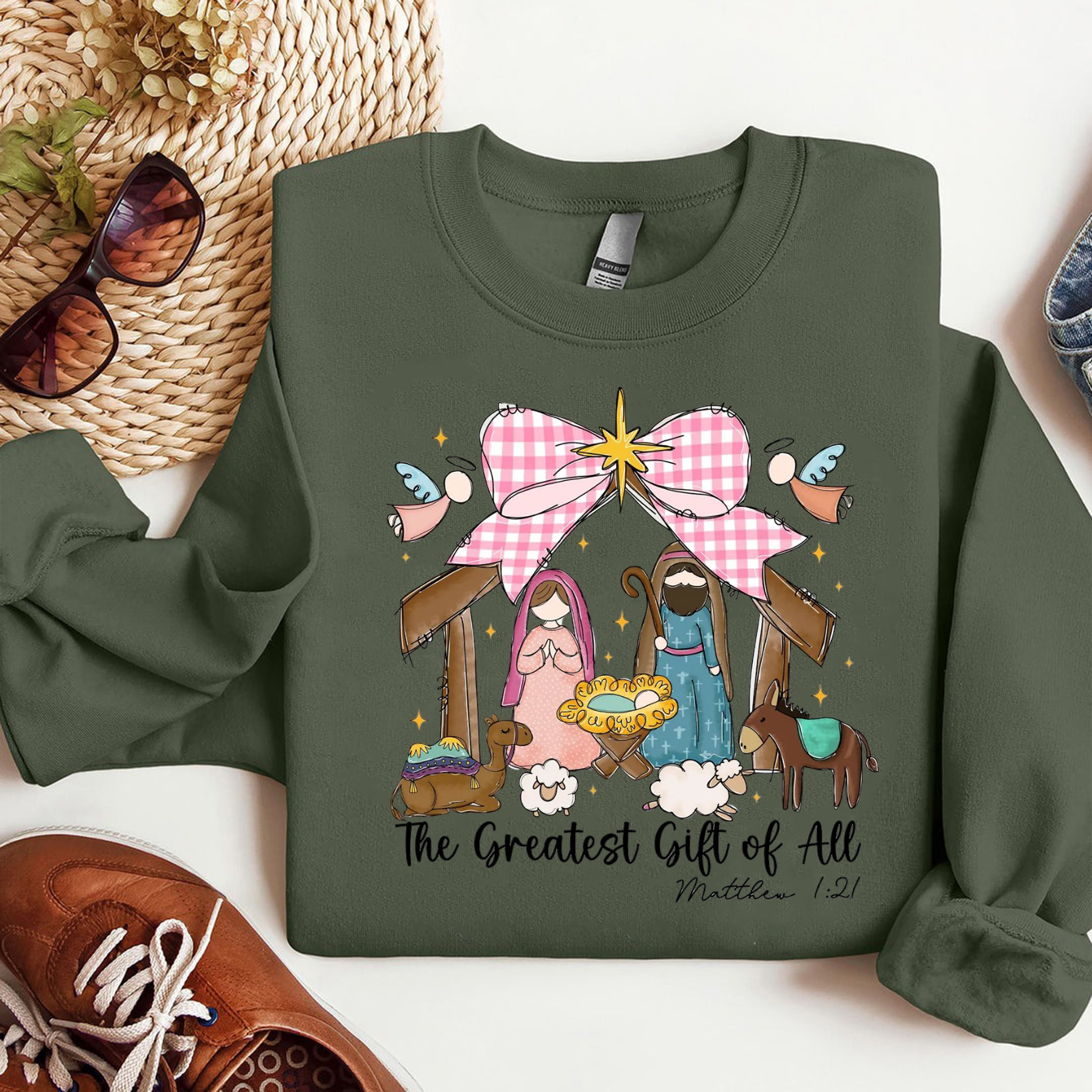 The Greatest Gift of All Sweatshirt, Christian Nativity Scene Christmas Sweater, Matthew 1:21 Bible Verse Shirt, Religious Holiday Gift
